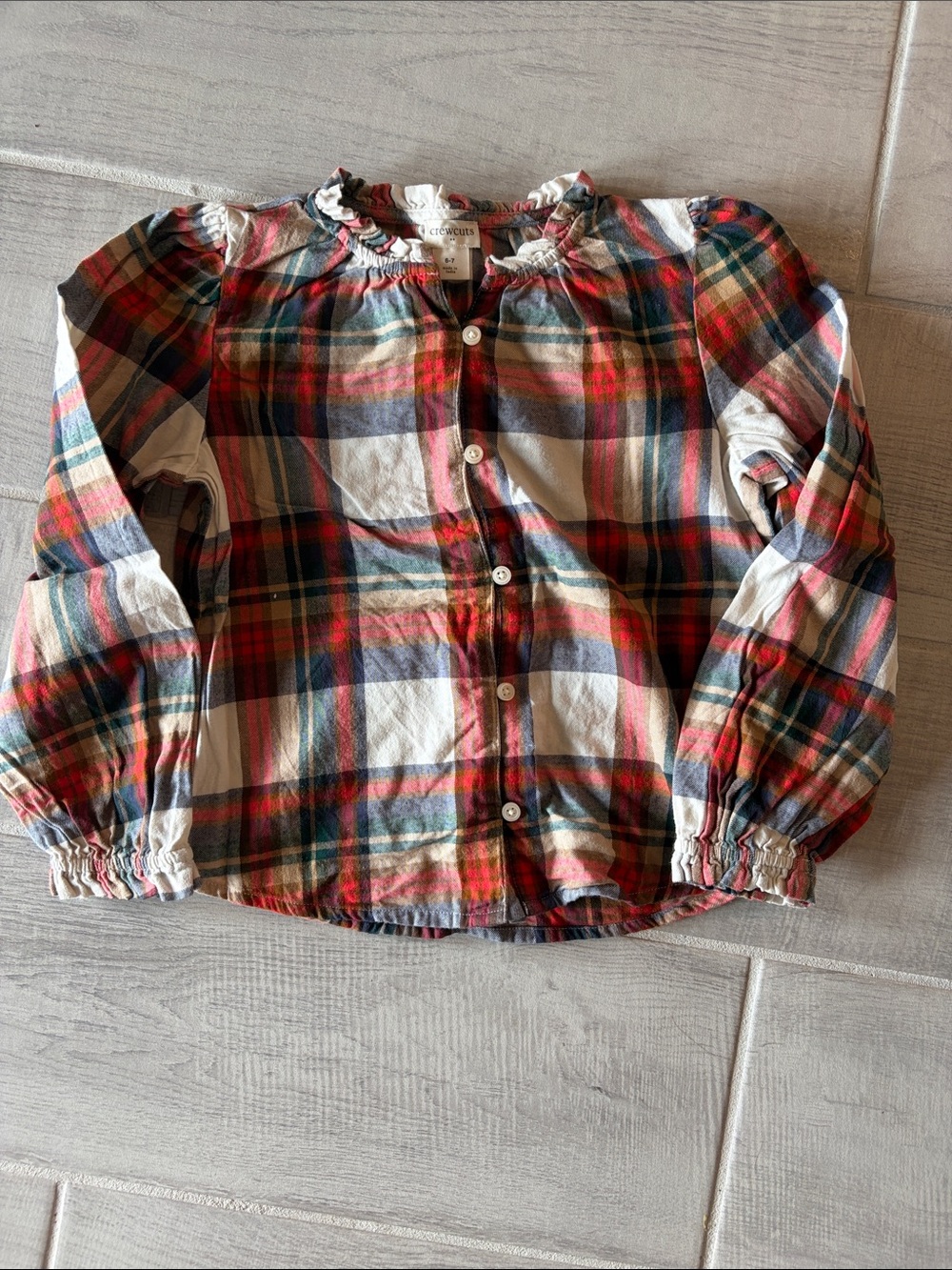 Crewcuts Red, Green & Cream Plaid Ruffle-Neck Button Shirt